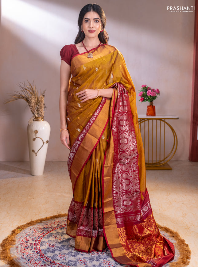 Pure uppada silk saree mehendi green and maroon with silver & gold zari woven buttas and long rich silver zari woven border