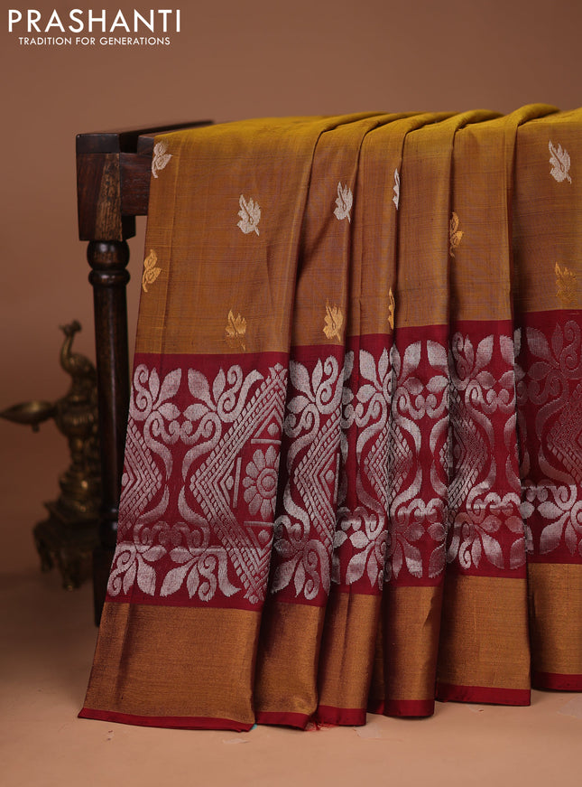 Pure uppada silk saree mehendi green and maroon with silver & gold zari woven buttas and long rich silver zari woven border