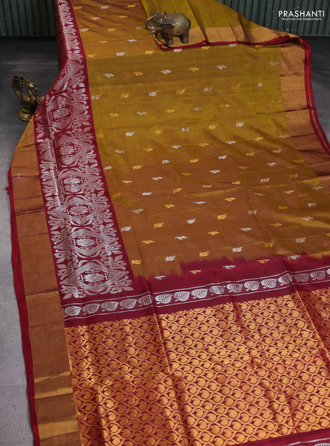 Pure uppada silk saree mehendi green and maroon with silver & gold zari woven buttas and long rich silver zari woven border