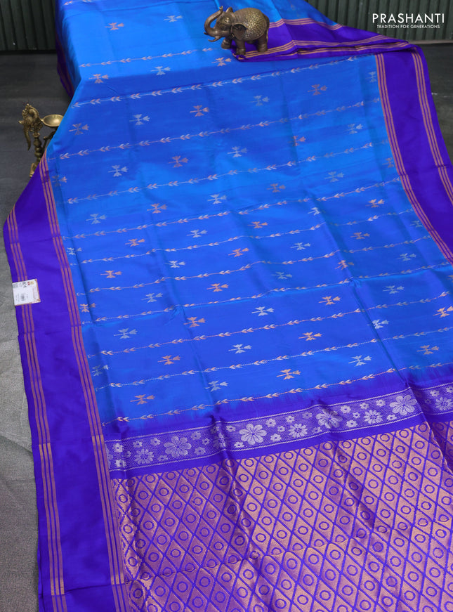 Pure uppada silk saree cs blue and blue with allover silver & gold zari weaves and rettapet zari woven border