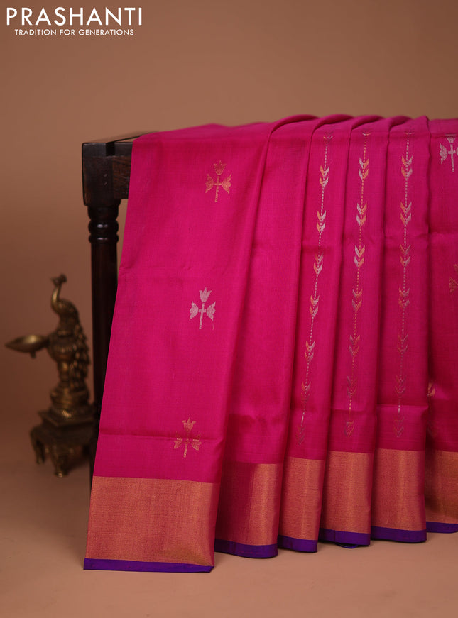 Pure uppada silk saree pink and blue with allover silver & gold zari weaves and rettapet zari woven border