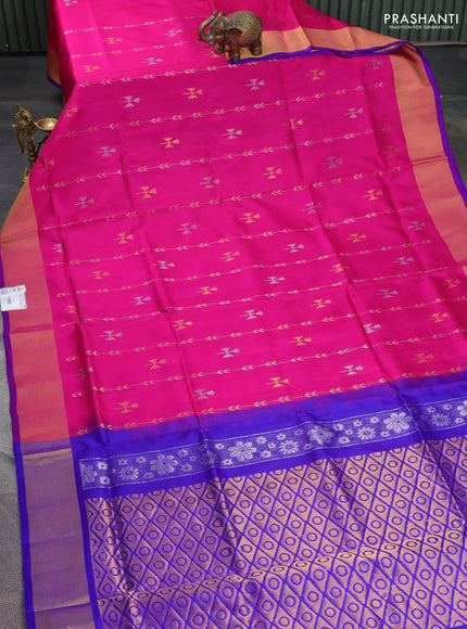 Pure uppada silk saree pink and blue with allover silver & gold zari weaves and rettapet zari woven border