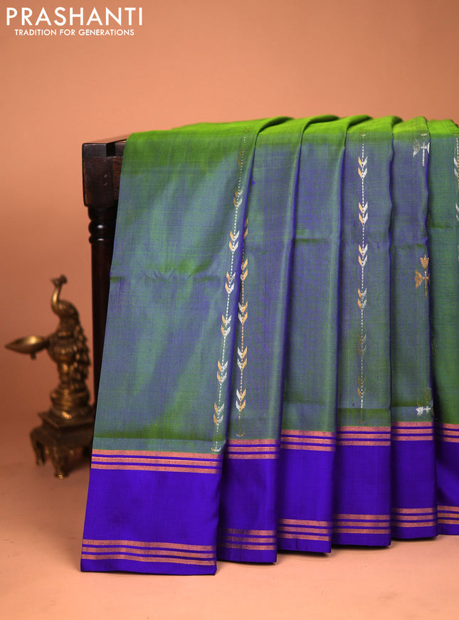 Pure uppada silk saree dual shade of green and blue with allover silver & gold zari weaves and rettapet zari woven border