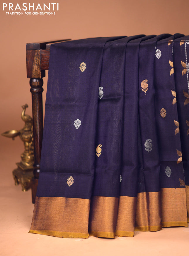 Pure uppada silk saree navy blue and dark mustard with allover silver & gold zari weaves and zari woven border