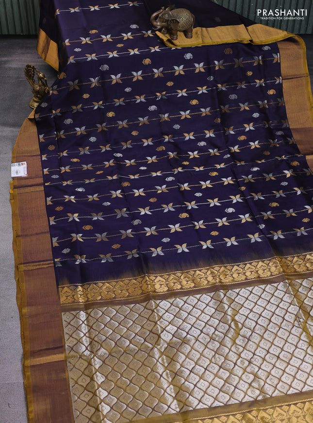 Pure uppada silk saree navy blue and dark mustard with allover silver & gold zari weaves and zari woven border