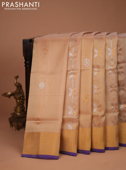 Pure uppada silk saree sandal and blue with allover silver & gold zari weaves and zari woven border