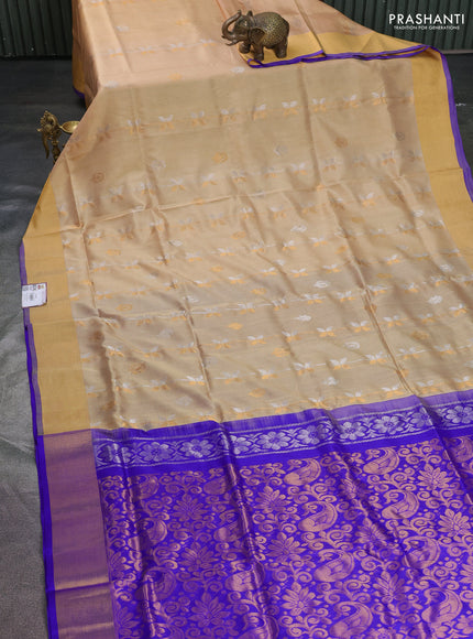 Pure uppada silk saree sandal and blue with allover silver & gold zari weaves and zari woven border