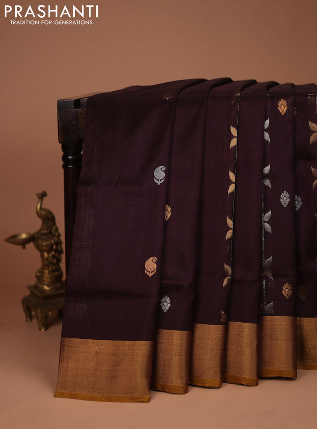 Pure uppada silk saree coffee brown and dark mustard with allover silver & gold zari weaves and zari woven border