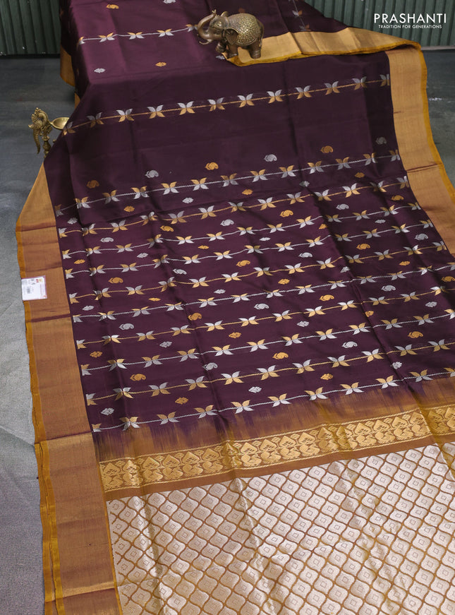 Pure uppada silk saree coffee brown and dark mustard with allover silver & gold zari weaves and zari woven border