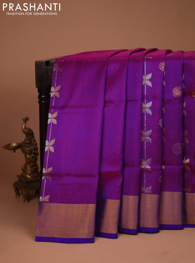 Pure uppada silk saree purple and blue with allover silver & gold zari weaves and zari woven border