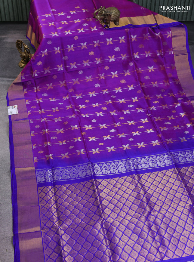 Pure uppada silk saree purple and blue with allover silver & gold zari weaves and zari woven border