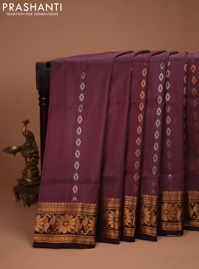 Pure uppada silk saree deep jamun and coffee brown with silver & gold zari woven floral buttas and zari woven floral border