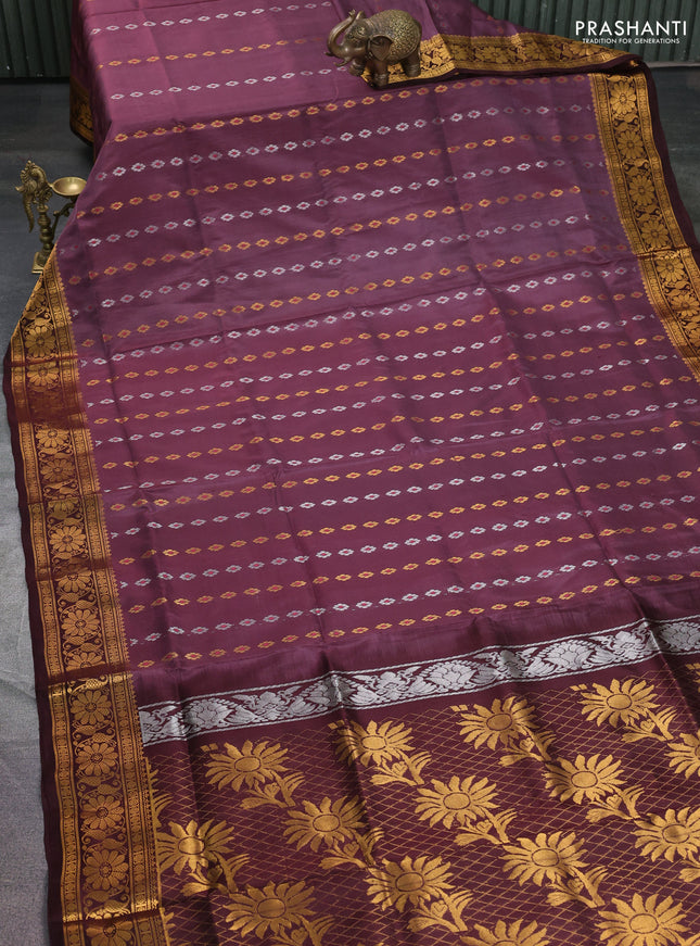 Pure uppada silk saree deep jamun and coffee brown with silver & gold zari woven floral buttas and zari woven floral border