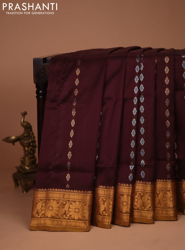 Pure uppada silk saree coffee brown and dark mustard with silver & gold zari woven floral buttas and zari woven floral border