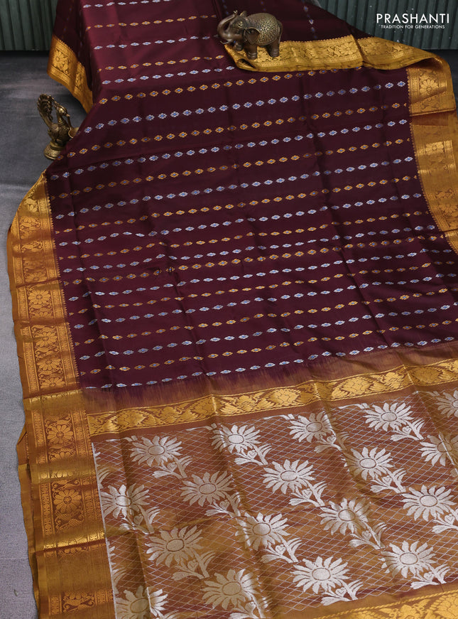 Pure uppada silk saree coffee brown and dark mustard with silver & gold zari woven floral buttas and zari woven floral border