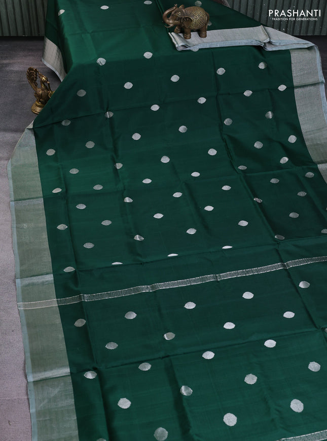Pure uppada silk saree dark green with silver zari woven coin buttas and silver zari woven border