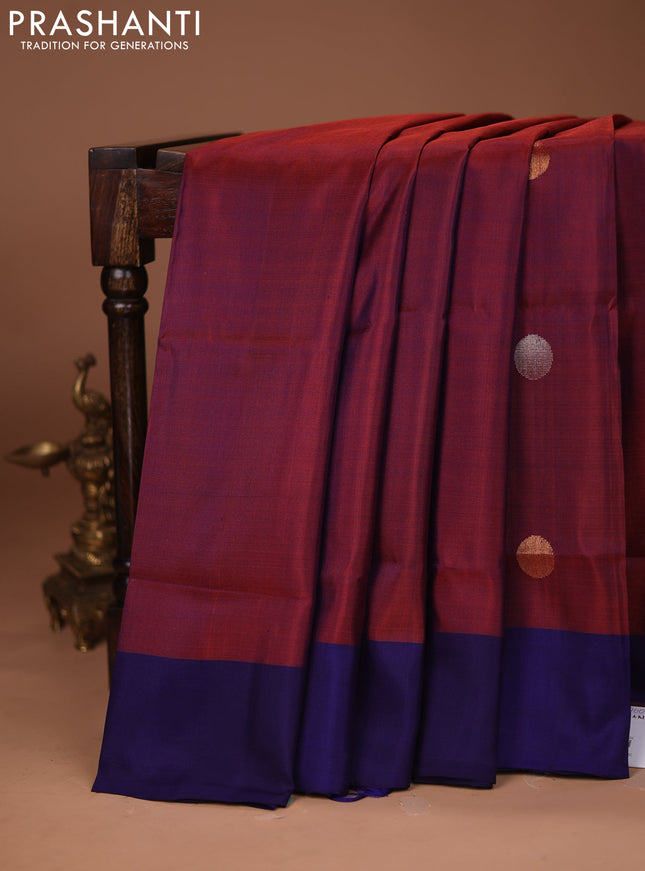 Pure uppada silk saree rust shade and blue with silver zari woven coin buttas and simple border