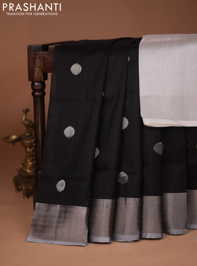 Pure uppada silk saree black with silver zari woven coin buttas and silver zari woven border