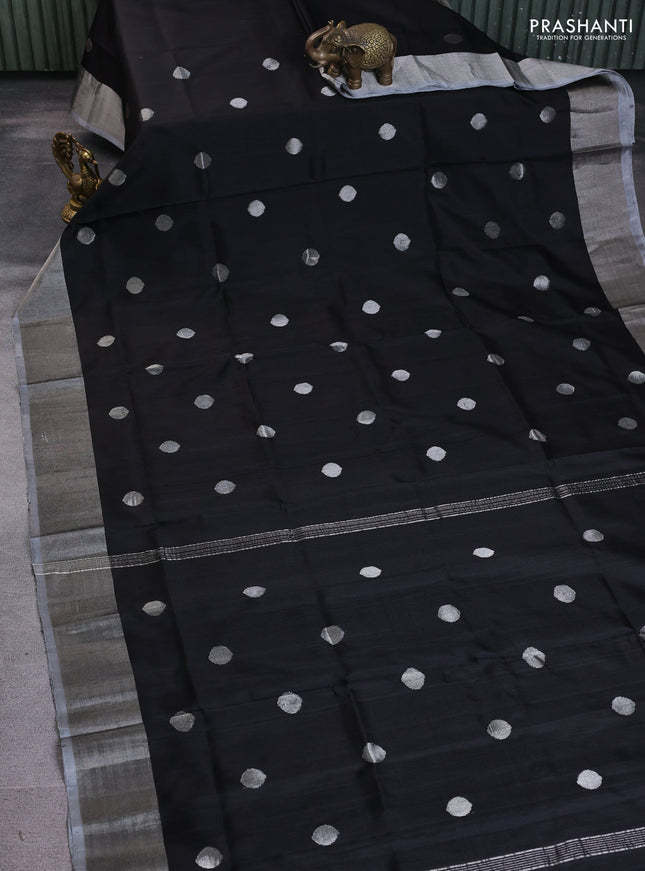 Pure uppada silk saree black with silver zari woven coin buttas and silver zari woven border