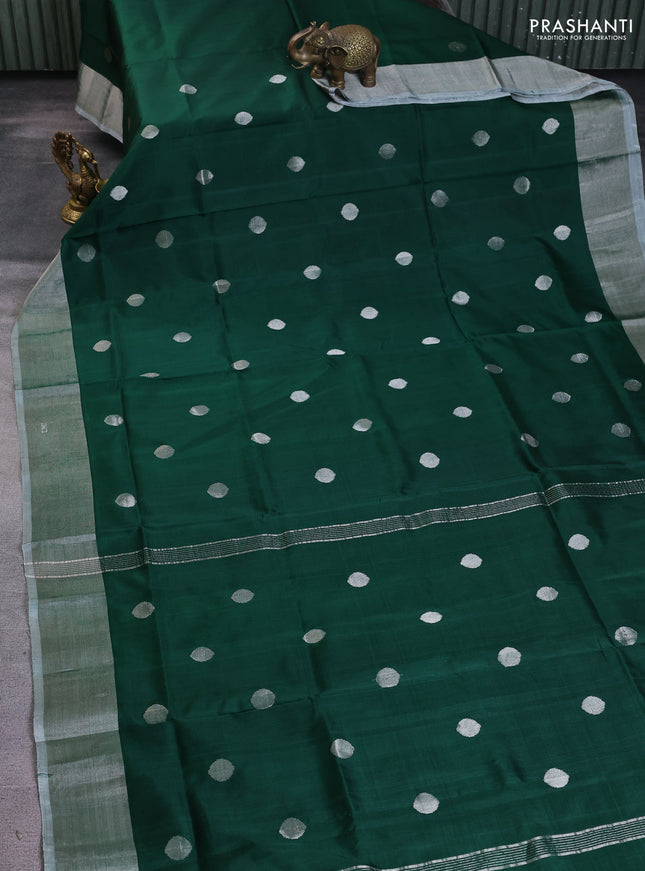Pure uppada silk saree green with silver zari woven coin buttas and silver zari woven border
