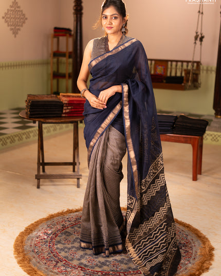 Chanderi bagru partly saree peacock blue and beige with plain body and kalamkari printed pallu