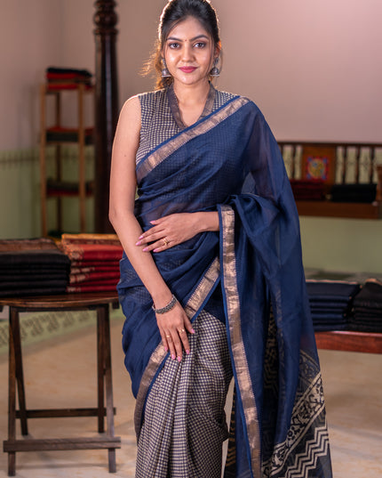 Chanderi bagru partly saree peacock blue and beige with plain body and kalamkari printed pallu