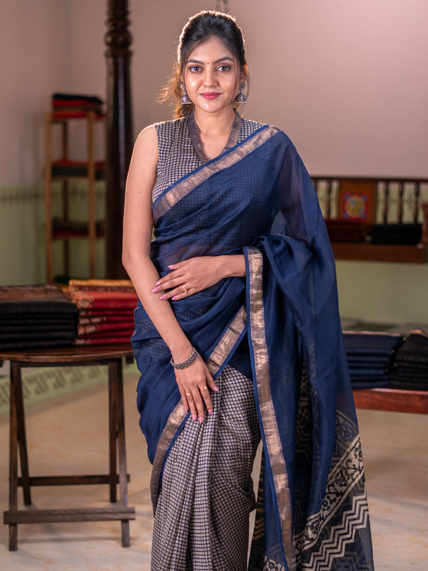 Chanderi bagru partly saree peacock blue and beige with plain body and kalamkari printed pallu