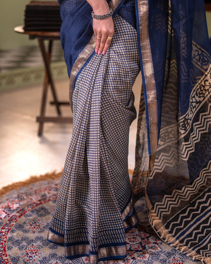 Chanderi bagru partly saree peacock blue and beige with plain body and kalamkari printed pallu