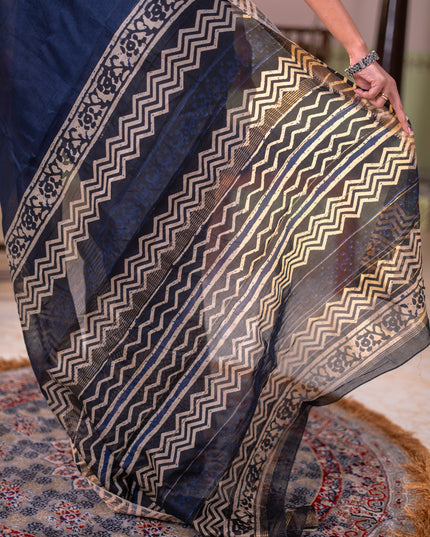 Chanderi bagru partly saree peacock blue and beige with plain body and kalamkari printed pallu