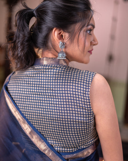 Chanderi bagru partly saree peacock blue and beige with plain body and kalamkari printed pallu