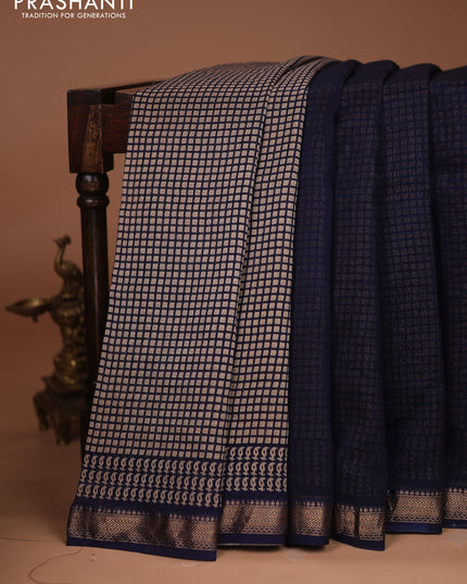 Chanderi bagru partly saree peacock blue and beige with plain body and kalamkari printed pallu