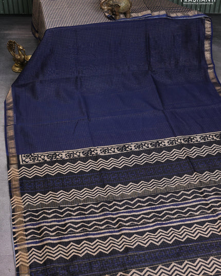 Chanderi bagru partly saree peacock blue and beige with plain body and kalamkari printed pallu