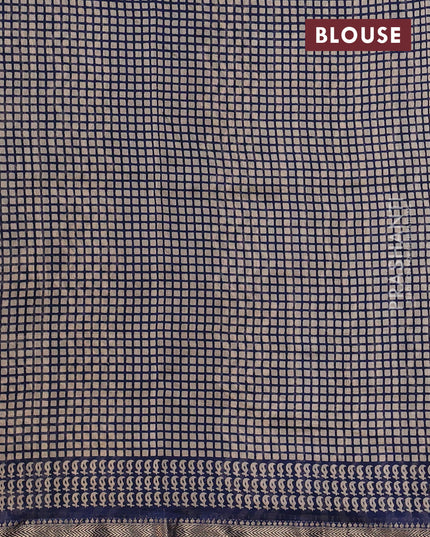 Chanderi bagru partly saree peacock blue and beige with plain body and kalamkari printed pallu