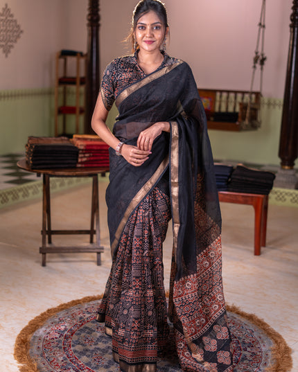 Chanderi bagru partly saree black with plain body and ajrakh printed pallu