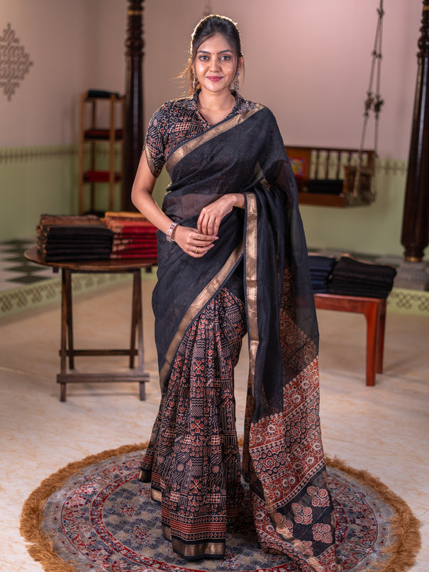 Chanderi bagru partly saree black with plain body and ajrakh printed pallu