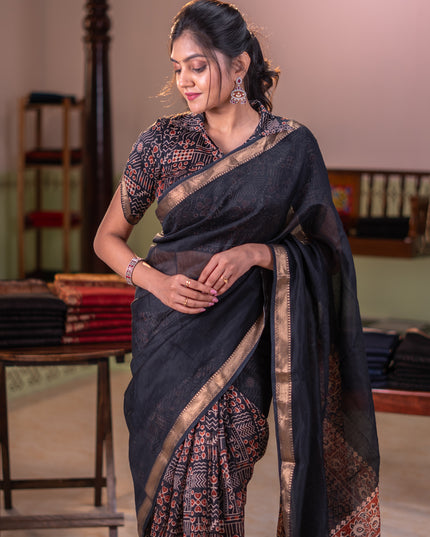 Chanderi bagru partly saree black with plain body and ajrakh printed pallu