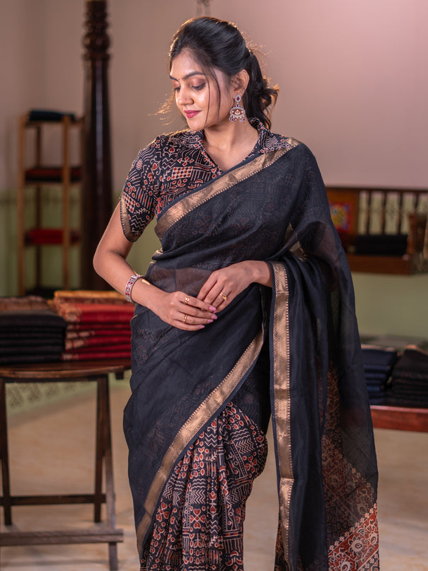 Chanderi bagru partly saree black with plain body and ajrakh printed pallu