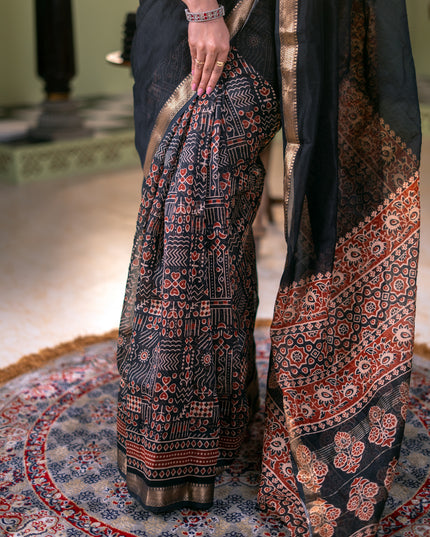 Chanderi bagru partly saree black with plain body and ajrakh printed pallu