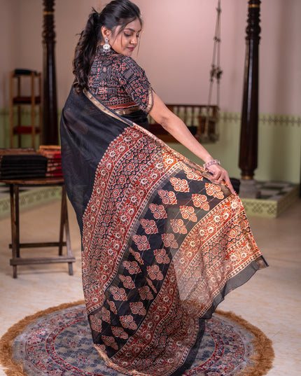 Chanderi bagru partly saree black with plain body and ajrakh printed pallu