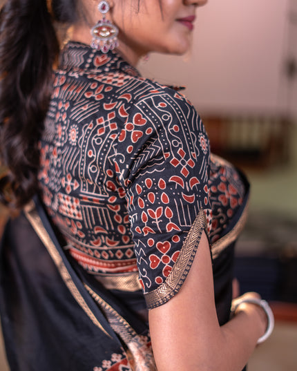 Chanderi bagru partly saree black with plain body and ajrakh printed pallu
