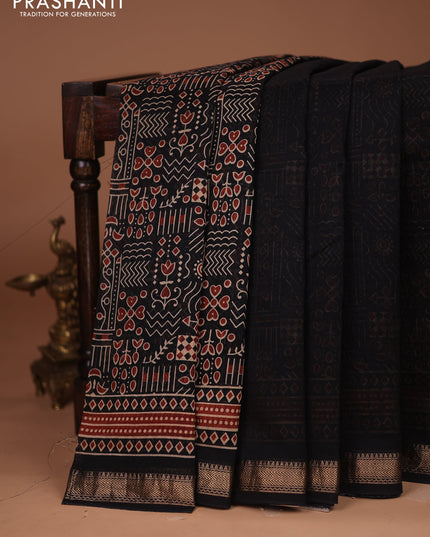 Chanderi bagru partly saree black with plain body and ajrakh printed pallu