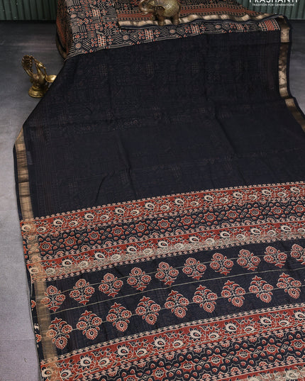 Chanderi bagru partly saree black with plain body and ajrakh printed pallu