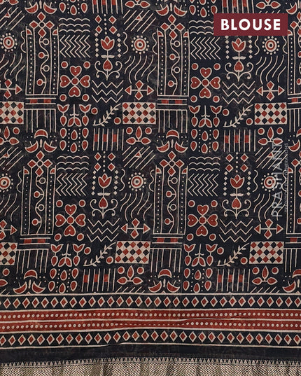 Chanderi bagru partly saree black with plain body and ajrakh printed pallu