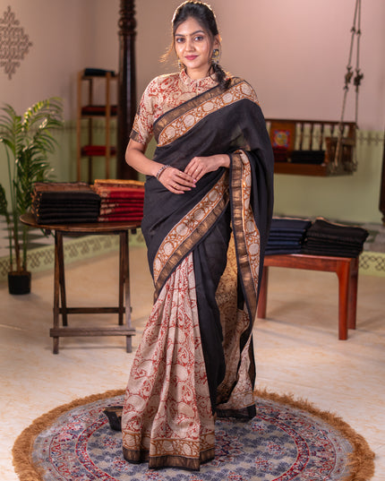Chanderi bagru partly saree black and dark mustard with plain body and kalamkari printed pallu