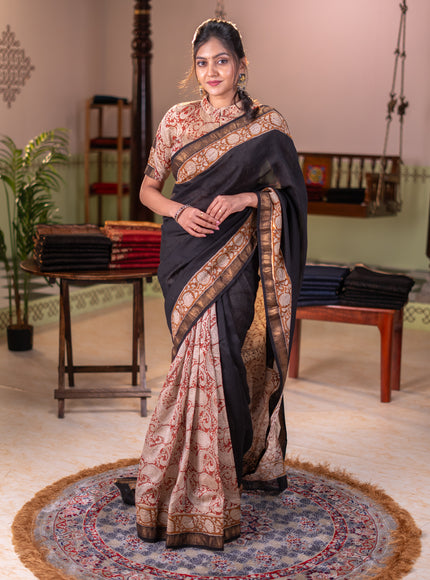 Chanderi bagru partly saree black and dark mustard with plain body and kalamkari printed pallu