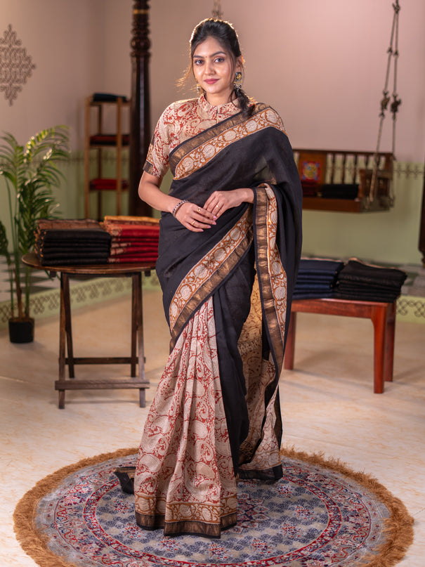 Chanderi bagru partly saree black and dark mustard with plain body and kalamkari printed pallu