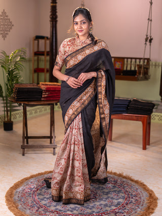 Chanderi bagru partly saree black and dark mustard with plain body and kalamkari printed pallu