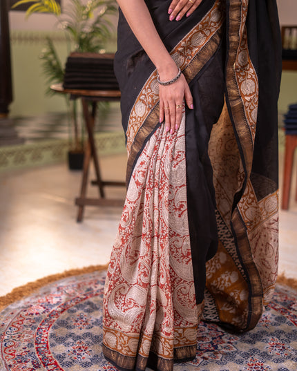 Chanderi bagru partly saree black and dark mustard with plain body and kalamkari printed pallu
