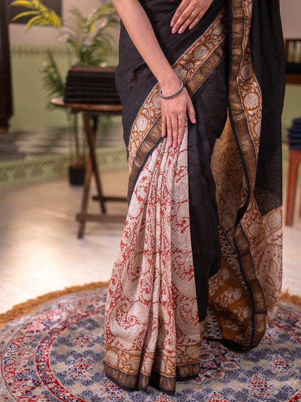 Chanderi bagru partly saree black and dark mustard with plain body and kalamkari printed pallu