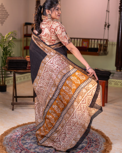 Chanderi bagru partly saree black and dark mustard with plain body and kalamkari printed pallu